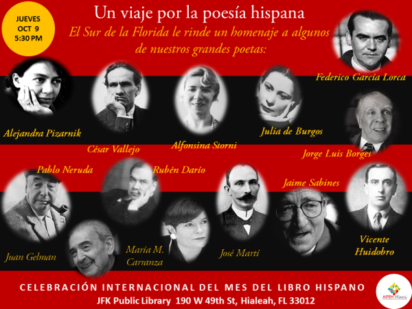 Oct. 9 en la JFK Public Library, la Celebración Internacional del Mes del Libro Hispano le rinde un homenaje a varios de los grandes poetas de nuestra literatura hispana.