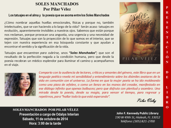 El sábado 11 de octubre, la escritora Pilar Vélez presentará su libro Soles Manchados en la JFK Public Library