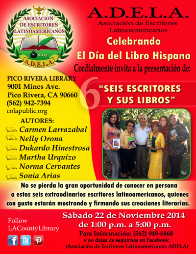 6 escritores hispanos celebrarán el Mes del Libro Hispano en el Pico Rivera Library, Los Ángeles, CA.